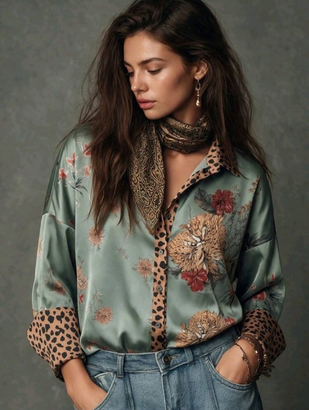 Women's Printed Blouse With Leopard Print Cuff Design,Fashionable Elegant Casual - Picture 6 of 6